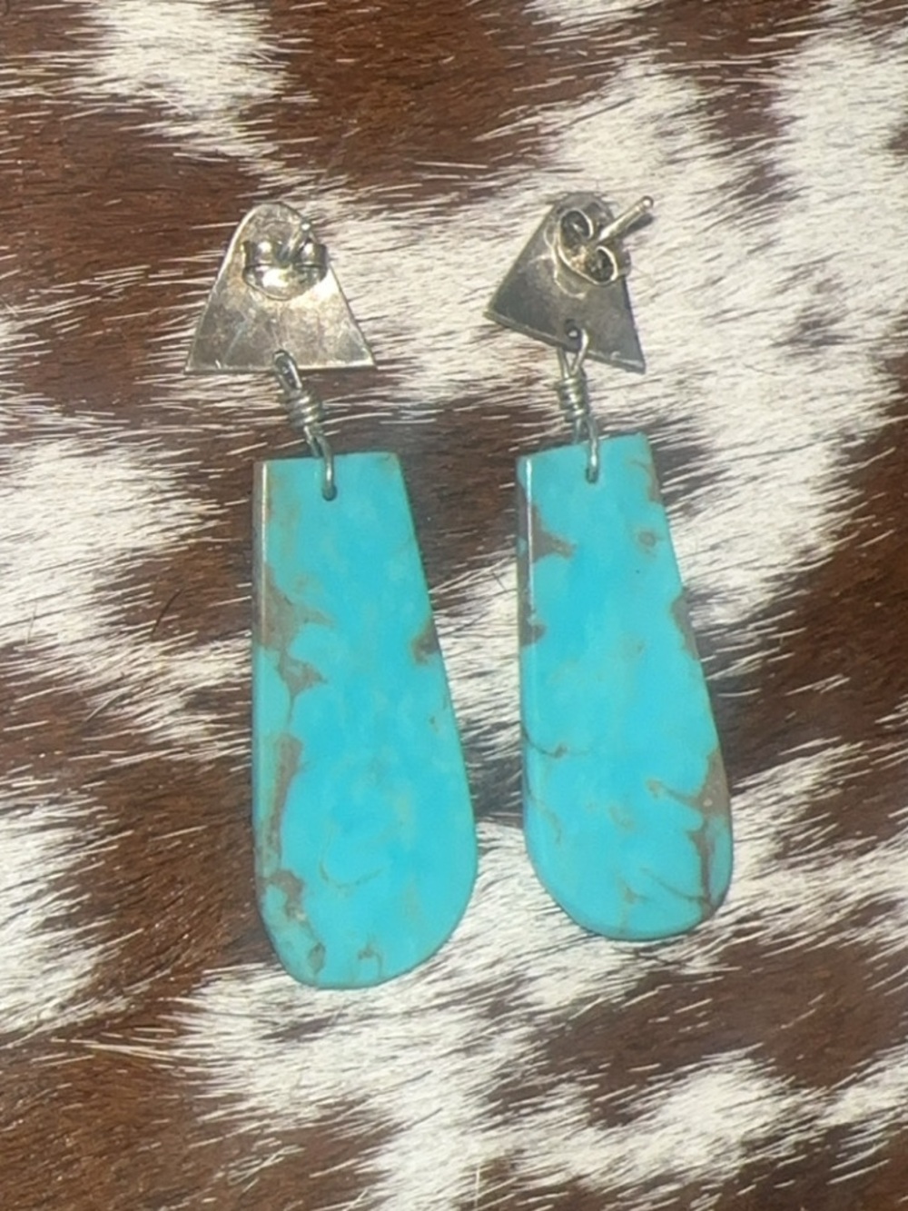Vintage Navajo Turquoise Sterling Slab Earrings - Picture 3 of 8